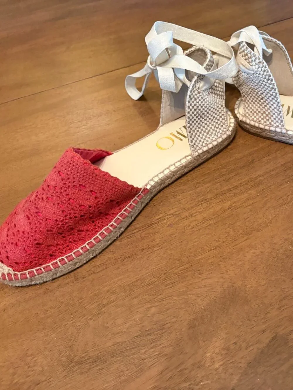 NWOT Gaimo-Made in Spain-Coral Red Crochet Ankle Tie Flat Espadrilles. 6.5/7